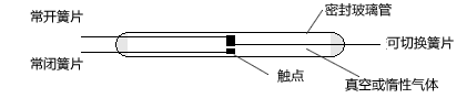 Form C (單刀雙擲 (SPDT) 三個簧片的磁簧開關(guān)的基本結(jié)構(gòu)。